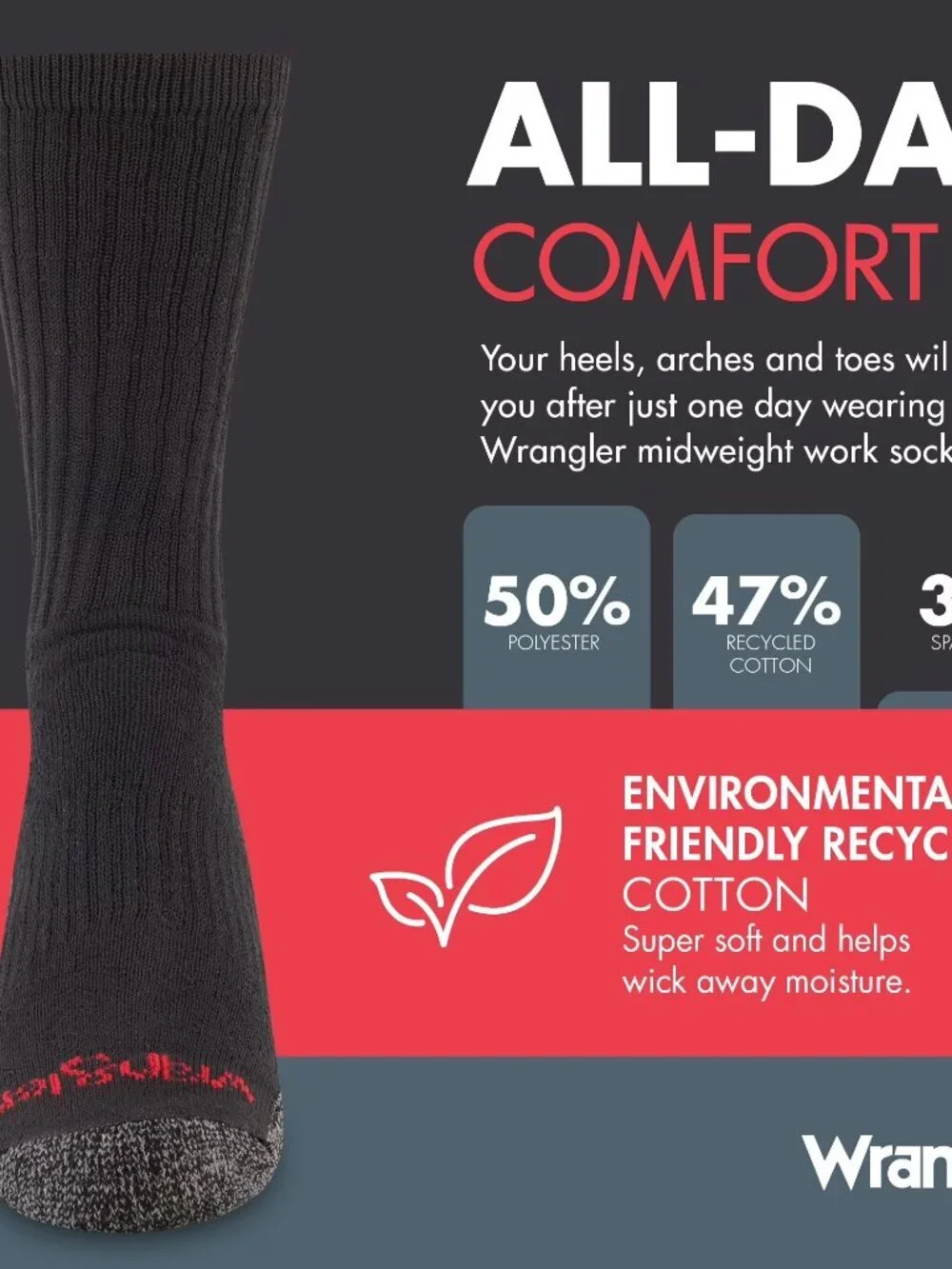 Wrangler Men's Cushion Crew Work Socks Black 6 Pack Arch Support Durable Sz 6-12